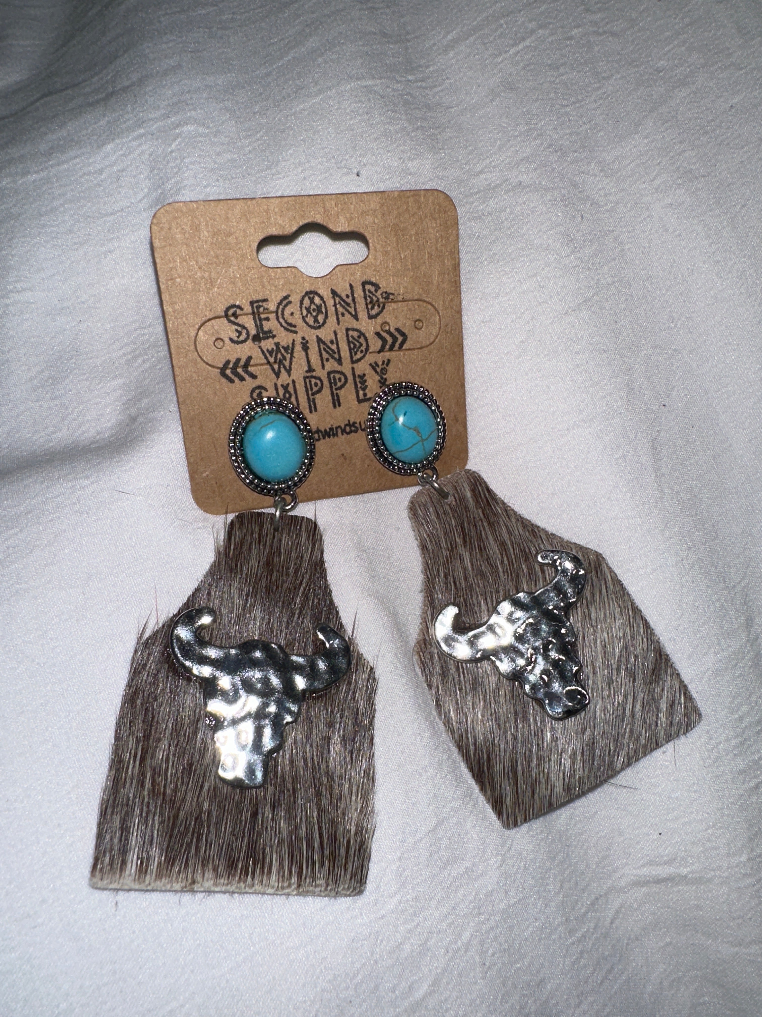 White Cowhide Silver Cowskull Stud Earrings