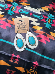 Teardrop Cowhide Earrings with Turquoise Stone- White
