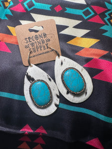 Teardrop Cowhide Earrings with Turquoise Stone- White