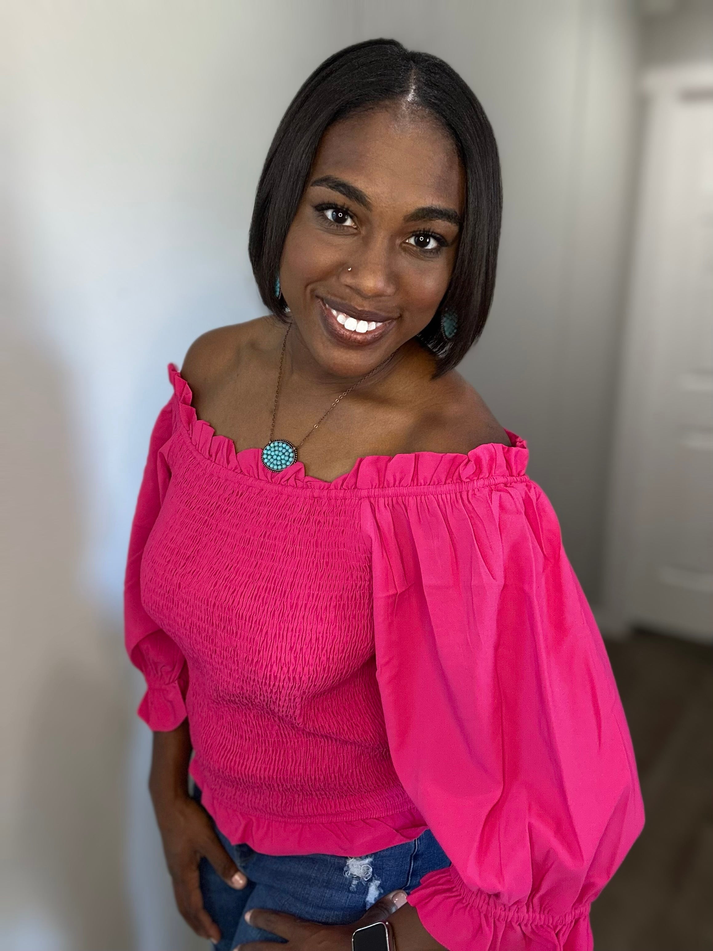 Stretch Contemporary Top in Hot Pink with Off-Shoulder Design and Puffy Sleeves