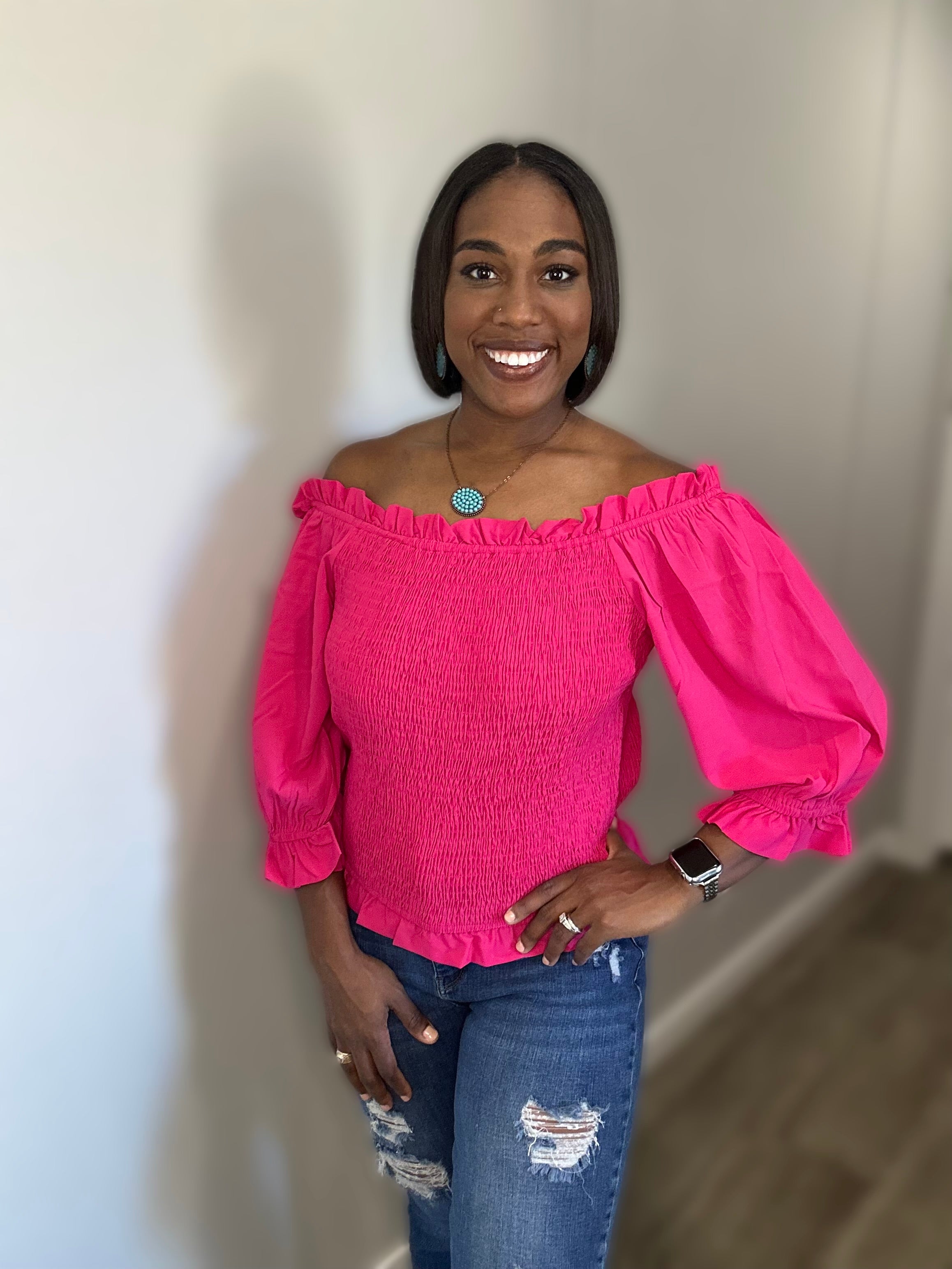 Stretch Contemporary Top in Hot Pink with Off-Shoulder Design and Puffy Sleeves