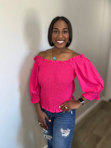 Stretch Contemporary Top in Hot Pink with Off-Shoulder Design and Puffy Sleeves