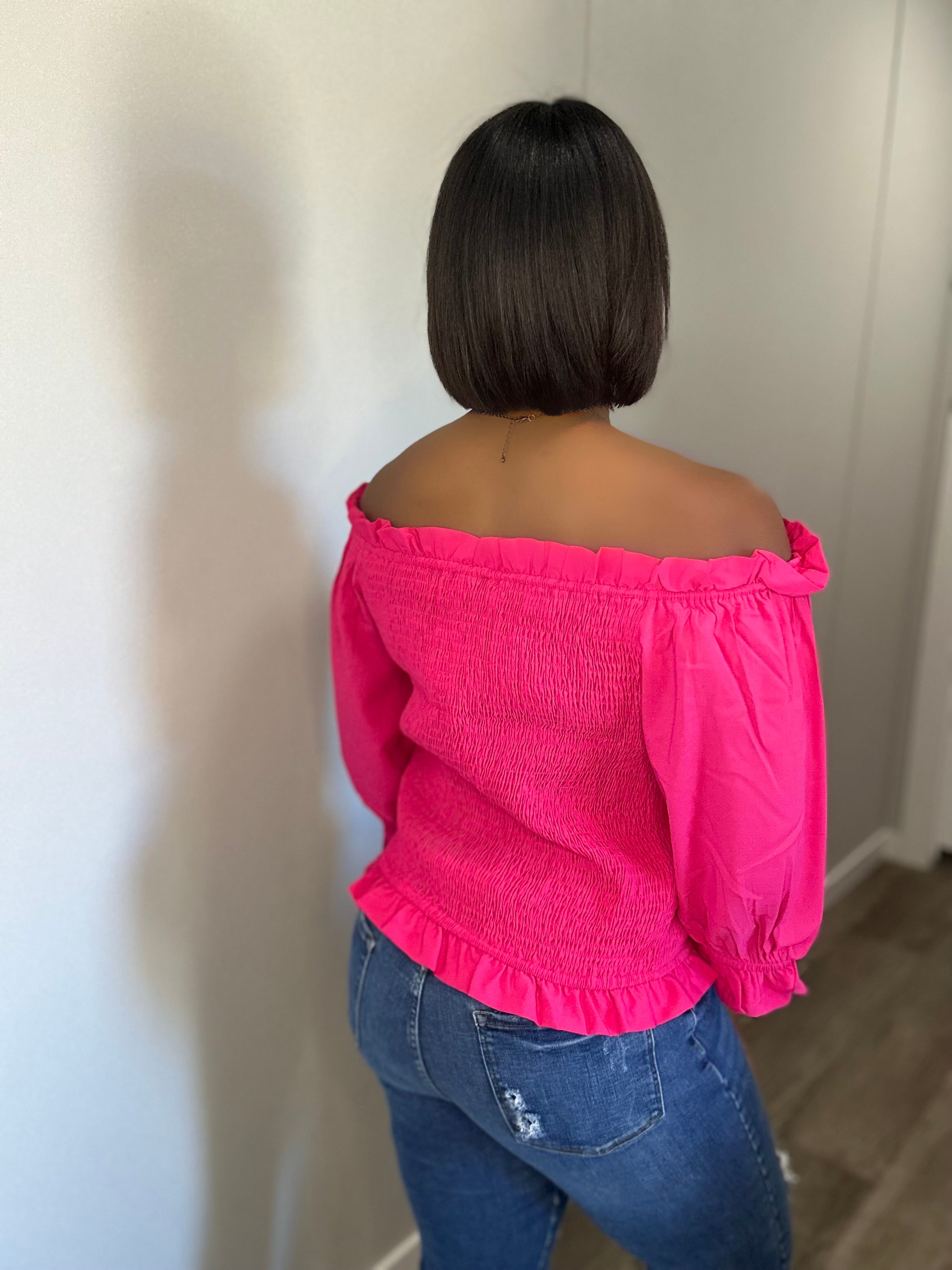 Stretch Contemporary Top in Hot Pink with Off-Shoulder Design and Puffy Sleeves