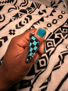 Checkered Lighting Bolt Ring- Turquoise