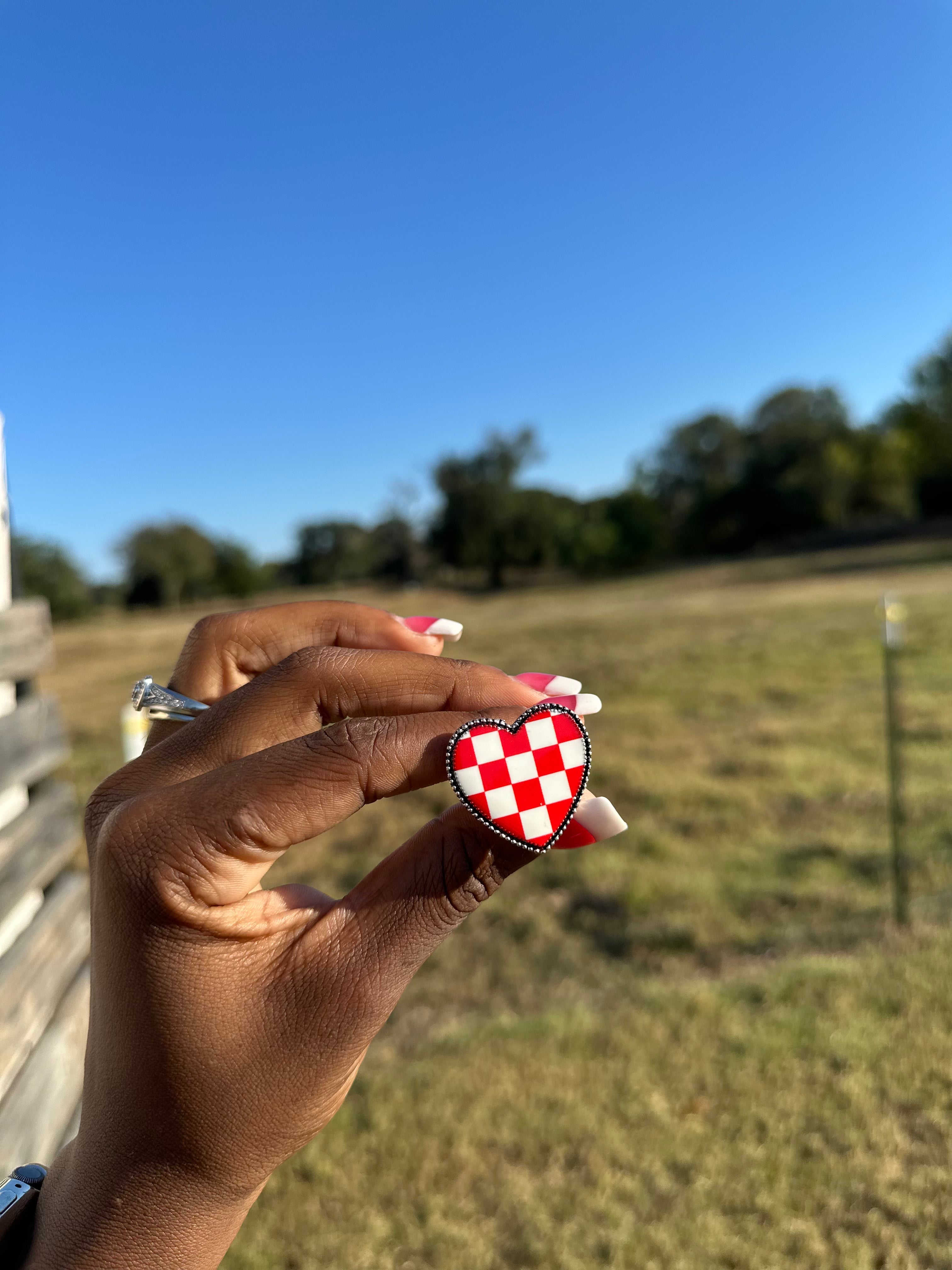 Checkered Heart Ring- Red